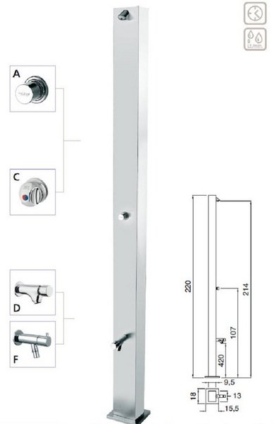 columna ducha piscina aisi316 con temporizado pulsador empotrado ducha- pulsador frontal lavapies